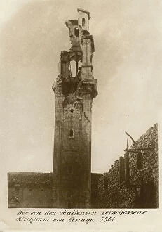 Images Dated 8th April 2010: First World War: the bell tower and Cathedral of Asiago damaged by bombs