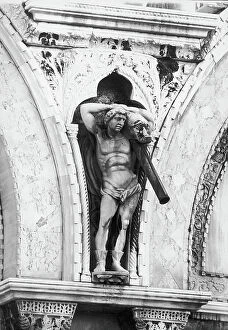 Images Dated 12th April 2010: Gargoyles, human figures that are holding up wineskins, north facade, Basilica of San Marco, Venice