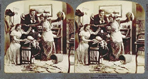 Images Dated 8th November 2011: Genre scene inside an office: a jealous lady pulls the hair of a girl seated at a dDesk