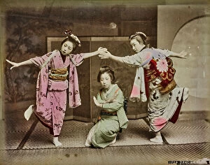 Japan: Girls in traditional clothes during a dance, Japan