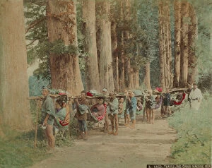 Japan: A group of geishas transported with the typical Japanese sedan Kago