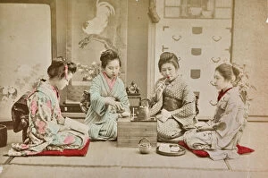 Japan: Group of Japanese drinking tea