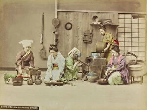 Japan: A group of young Japanese women during the preparation and cooking food, Japan