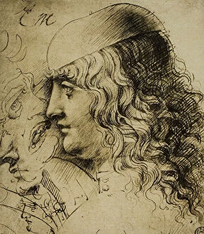 Images Dated 16th March 2011: Head of a young man in profile with headdress and studies of faces, drawing