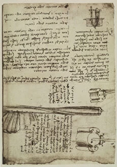 Images Dated 30th September 2009: Hydraulic mechanism and project for a spiral staircase, writings by Leonardo da Vinci