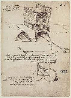 Images Dated 23rd April 2009: The ideal city, view of a building, drawing by Leonardo da Vinci, part of the Codex B (2173), c.36r