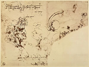 Images Dated 1st October 2009: Inscriptions, mechanical devices and study of two heads facing one another; pen drawing on white