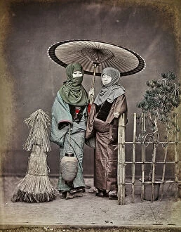 Japan: Two japanese women with kimono, the young on the right holds the Wagasa (umbrella)