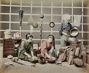 Japan: Three Japanese women in traditional clothes while cooking