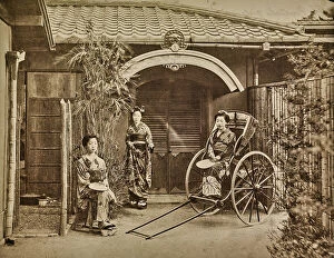 Japan: Japanese women in traditional clothes outside a home