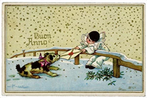 Images Dated 21st January 2008: lllustrated New Year greeting post-card, on the front side, a Buon Anno inscription