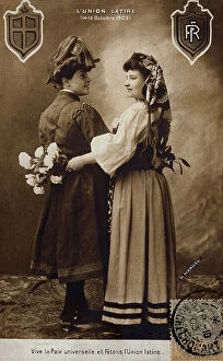 Images Dated 28th April 2011: 'L'union latine (14-18 October 1903)': embrace between two young women in traditional French