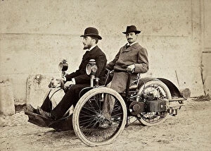 Images Dated 25th January 2011: The Marquis of Dijon with a friend and a dog, shown on three-wheel motorcycles