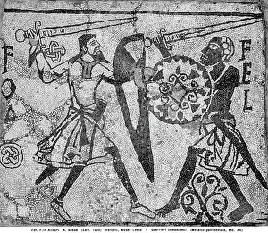 Images Dated 2nd April 2012: Mosaic floor representing two armed warriors with a shield and a sword fighting, Casa Alciati