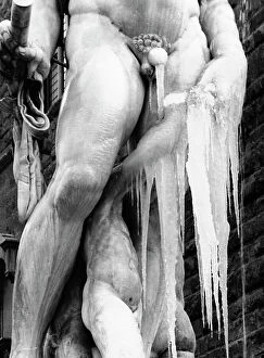 Florence Collection: Neptune, detail of the statue in the Neptune fountain during an ice-storm, Piazza della Signoria