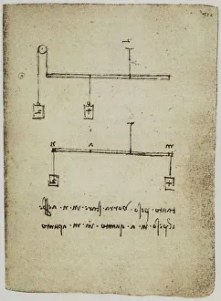 Observations sur leffet des poids appliqués aux leviers ; écrit appartenant au Codice Forster II, c.112r, réalisé et conservé au Victoria and Albert Museum de Londres