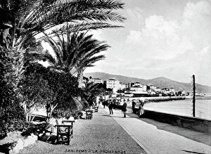 Images Dated 11th March 2010: The oceanside boulevard of San Remo with a few passersby. In the foreground a few palm trees