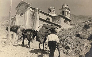 Images Dated 2nd May 2011: Peasant with two laden mules in front of the Church of Piglio in Ciociaria