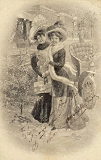 Images Dated 18th September 2007: Portrait of two girls carrying Christmas present in a winter landscape