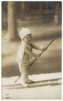 Images Dated 19th September 2007: Portrait of a little skier, new year greeting card with a Die besten Neujahrsgrsse inscription