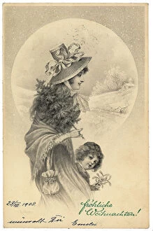 Images Dated 18th September 2007: Portrait of a woman with an hat, carrying a fir-tree branch and a little girl in the middle of a