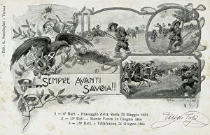 Images Dated 19th October 2011: Postcard 'Always forward Savoy' with depiction of the Risorgimento battles of 1859 and 1866
