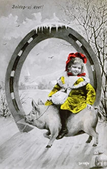 Images Dated 19th September 2008: Postcard with a Christmas theme, with a small girl sitting on a small pigthat has been drawn in
