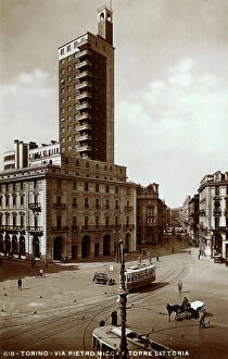 Images Dated 5th October 2011: Postcard with view of Via Pietro Micca and Torre Littoria in Turin