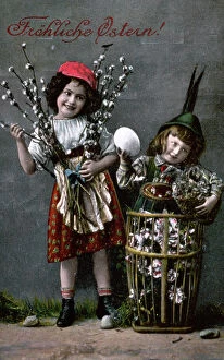Images Dated 17th June 2009: Postcard wishing Happy Easter. Two small girls in stage dress are portrayed