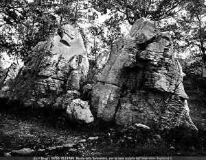 Images Dated 18th November 2011: Rocks in the Serpentara grove of oak trees, with the sculpted head of Emperor Guglielmo II