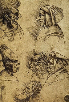 Images Dated 15th March 2011: Seven grotesque heads; drawing by Leonardo da Vinci. Gallerie dell'Accademia, Venice