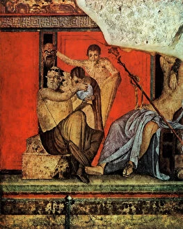 Images Dated 18th February 2011: A Silen gives drink to a satyr while another Silen holds up a theatrical mask; detail of frescoes