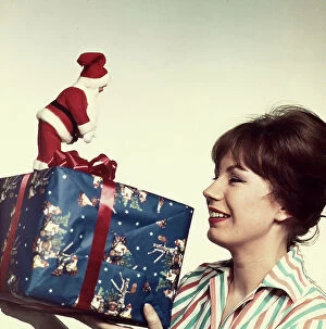 Images Dated 22nd September 2008: A smiling woman looking at a Christmas present held in front of her