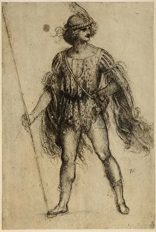 Images Dated 23rd April 2009: Soldier with lance dressed for a comedy, black pencil drawing on gray paper by Leonardo da Vinci