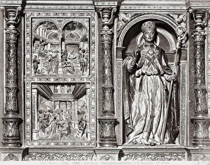 Images Dated 4th March 2008: Statue depicting St. Abbondio flanked by Stories of his life