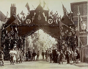 February Collection: A street in Newport decorated on the occasion of the Queen Victoria's visit for the Jubilee of 1887