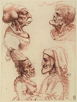 Images Dated 22nd October 2009: Study of four caricature heads, sanguine drawing on gray background by Leonardo da Vinci