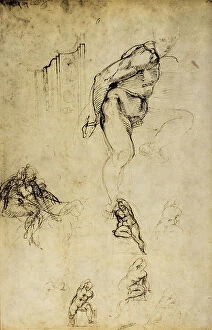 Images Dated 8th March 2011: Study for a cornice and for the Ignudi della Volta of the Sistine Chapel, drawing, Michelangelo