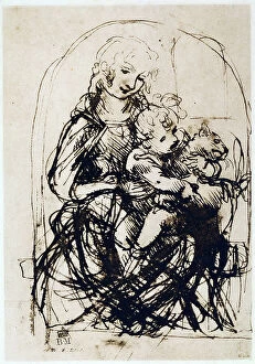 Images Dated 23rd April 2009: Study for the Madonna of the Cat; pen and ink drawing on white paper by Leonardo da Vinci