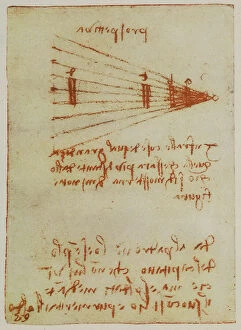 Images Dated 13th October 2009: Study on perspective, writings from the Codex Forster II, c.15v, by Leonardo da Vinci