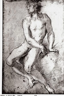 Images Dated 26th February 2008: Study of a seated male figure looking upwards. Drawing by Pontormo