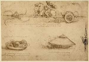 Images Dated 7th December 2007: Study of some storming wagons with scythes, covered wagons and an halberd; pen drawing