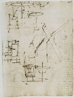 Images Dated 1st October 2009: Various mechanical devices, writings belonging to the Codex Forster I, c.45r, by Leonardo da Vinci