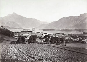 Images Dated 27th May 2009: View of the town of Mondsee, in Austria, with ploughed fields and Lake Mond in the background