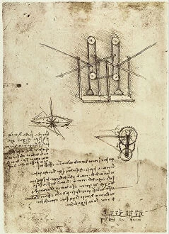 Images Dated 22nd October 2009: Wooden boat, activated by paddle wheel, drawing by Leonardo da Vinci, part of the Codex B (2173)