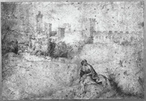 Images Dated 18th June 2009: Young shepherd and view of Castelfranco, drawing attributed to Giorgione in the Boymans Museum in