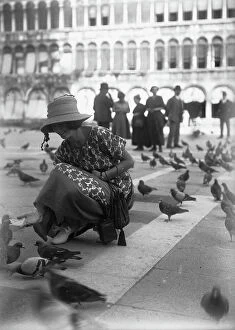 Images Dated 23rd June 2009: Young woman feeding pigeons in Piazza San Marco